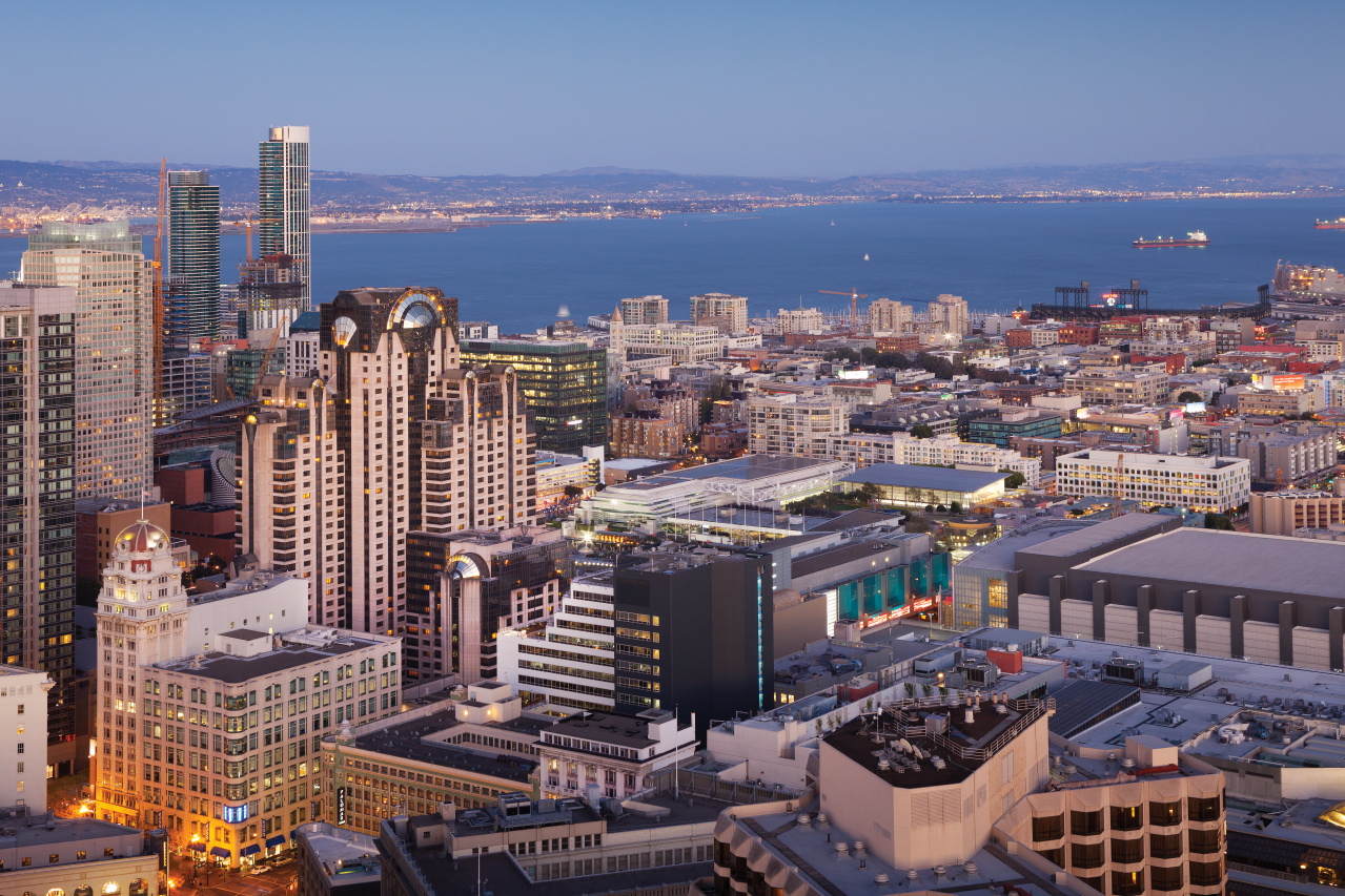 Aerial of buildings and ocean